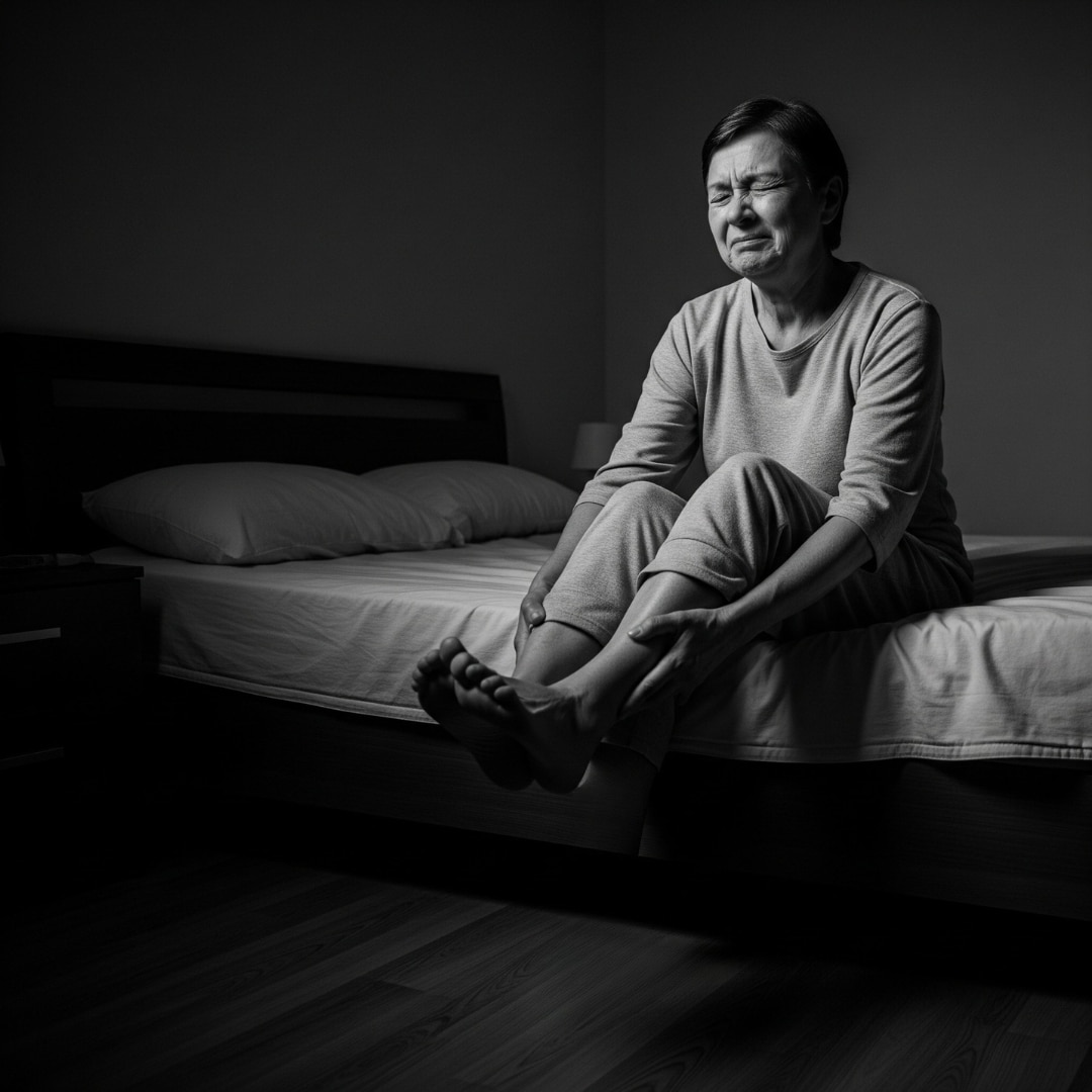 Woman holding her legs while sitting at the edge of her bed