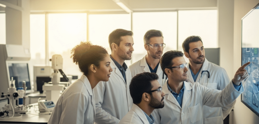 A team of medical researchers at the Atlanta Neuroscience Institute collaborating on neurological research.|A doctor discussing clinical trial information with a patient.|An abstract image symbolizing a global network of collaborative neurological research.|An illustration of a brain with glowing pathways