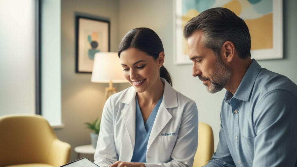 Neurologist and patient reviewing Parkinson's treatment plan on a tablet