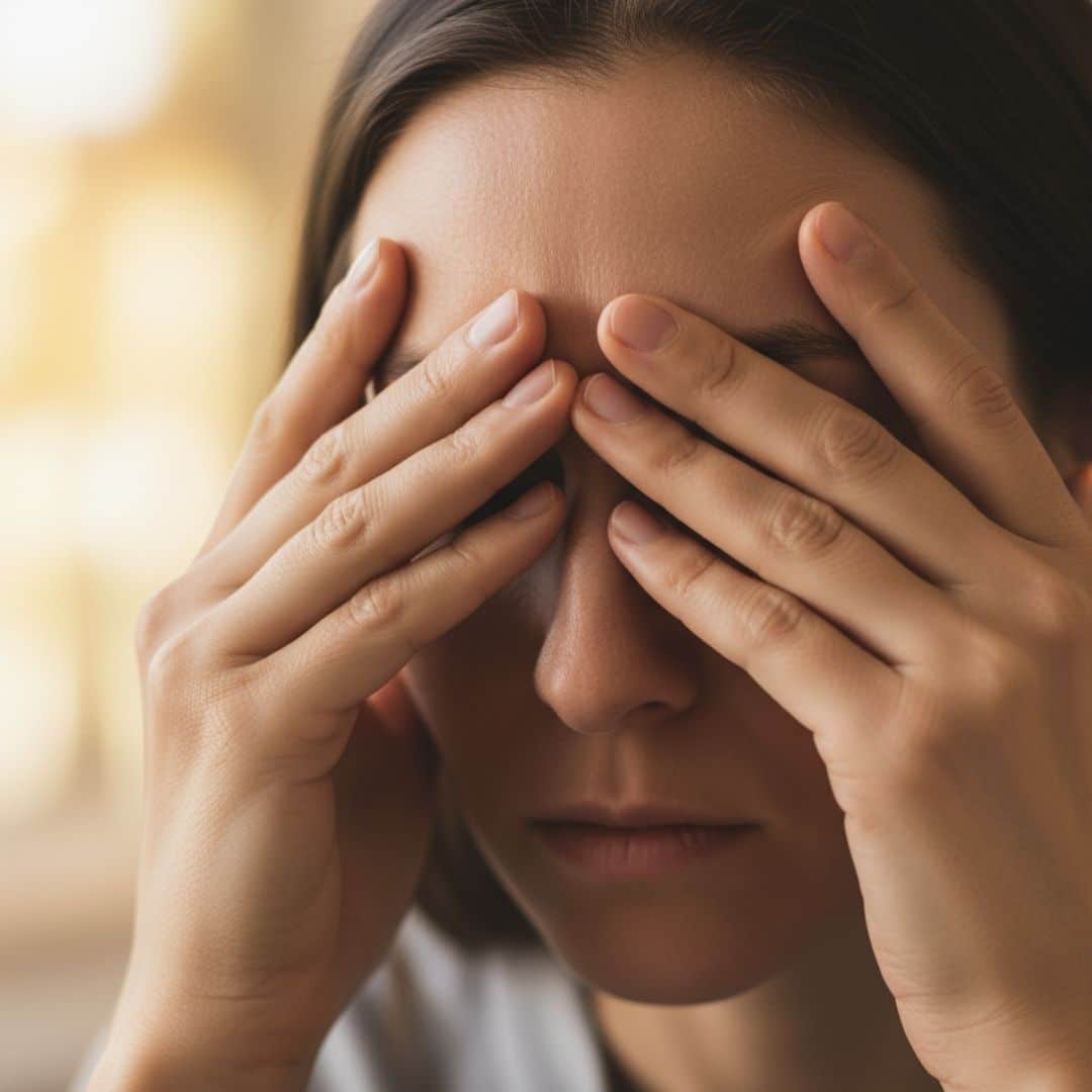 Hands covering eyes, representing the hidden, non-motor symptoms of Parkinson's disease like anxiety or fatigue.