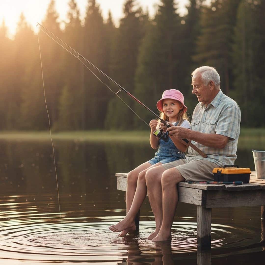 Grandfather and granddaughter laughing while fishing on a serene lake, emphasizing happiness and a fulfilling life.