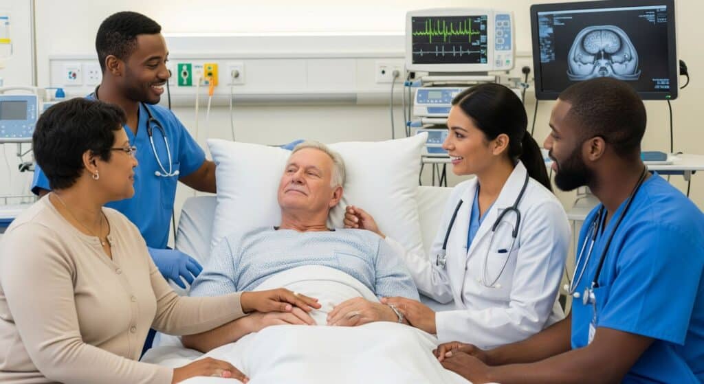 Healthcare professionals compassionately interacting with a patient and caregiver