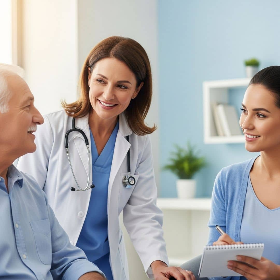 Healthcare professional providing guidance to a patient and caregiver.