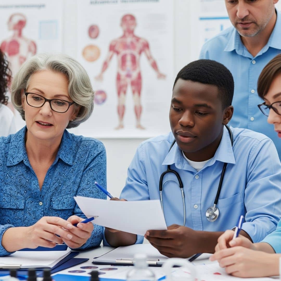 Diverse group of people engaged in learning with medical charts, representing education and research.