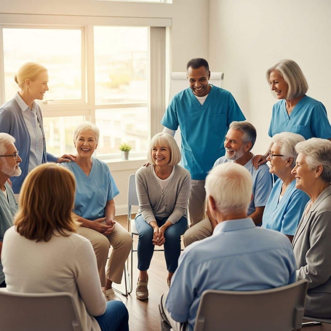 Group of patients and caregivers in a supportive group setting, showing connection.