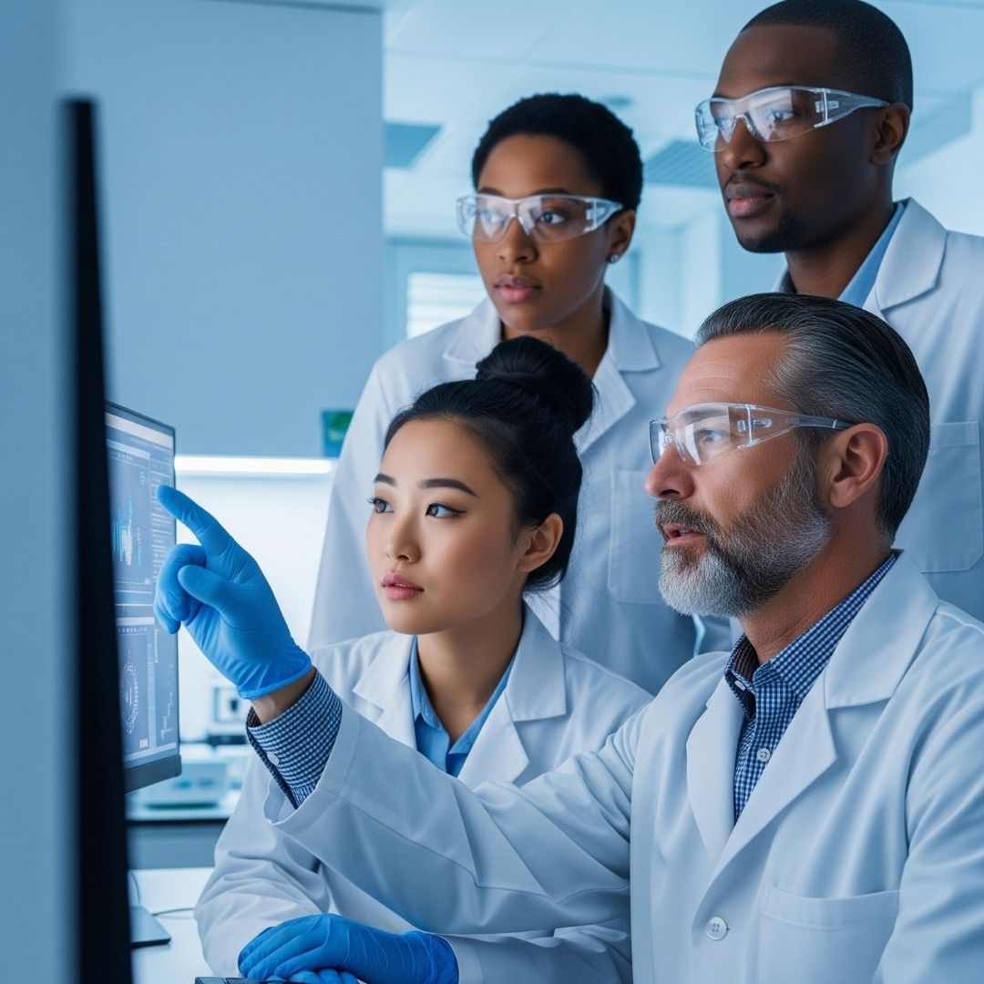 Researchers looking at data on a screen in a clinical trial setting.