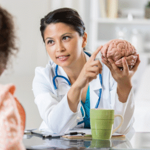 Doctor pointing to a model of the brain. 