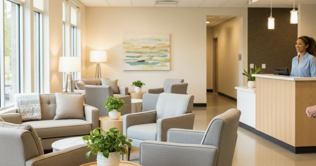 A welcoming medical office lobby for the Atlanta Neuroscience Institute.|A compassionate receptionist at the Atlanta Neuroscience Institute checking in a patient.|A neurologist at Atlanta Neuroscience Institute attentively listening to a patient during a consultation.|A neurologist explaining an MRI scan to a patient and a family member.|A group of patients and medical professionals collaborating in a support group.