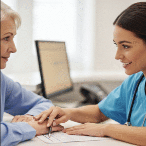 A compassionate receptionist at the Atlanta Neuroscience Institute checking in a patient.