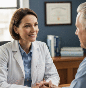A neurologist at Atlanta Neuroscience Institute attentively listening to a patient during a consultation.