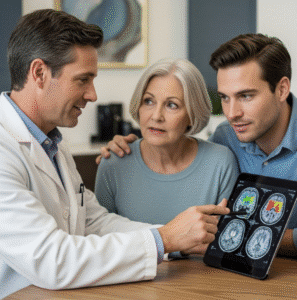 A neurologist explaining an MRI scan to a patient and a family member.