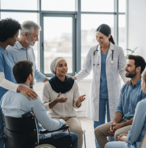 A group of patients and medical professionals collaborating in a support group.