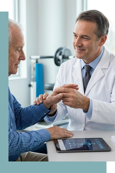 a male Parkinson's doctor in a white lab coat gently guiding an elderly patient through therapeutic hand movements in a modern consultation room.